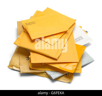 Small Pile of Yellow Padded Envelopes Isolated on White Background. Stock Photo