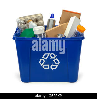 Blue Recycle Bin Filled with Trash Isolated on White Background. Stock Photo