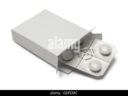 Small Open Box of Pills Isolated on White Background. Stock Photo