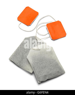 Two Tea Bags with Copy Space Isolated on White Background. Stock Photo