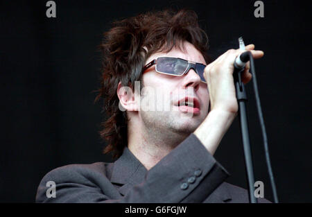 Ian McCulloch of Echo and the Bunnymen performing on the V Stage, during the V2003 music festival in Chelmsford, Essex. Stock Photo