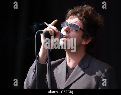 Ian McCulloch of Echo and the Bunnymen performing on the V Stage, during the V2003 music festival in Chelmsford, Essex. Stock Photo