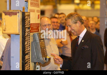 The Prince of Wales at the Weir Pumps in Cathcart, Glasgow, where he visited workers at Scotland's largest engineering firm. Charles, known as the Duke of Rothesay in Scotland, dropped in on staff and management at the Weir Group in Glasgow at the start of a day of visits around the country. Weir employs around 8,000 people worldwide making specialist pumping equipment from the defence and nuclear industries to the power generation and water treatment sectors. See PA story ROYAL Charles. PA Photo: Evening Times/Martin Shields. Stock Photo