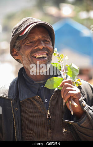 Portrait of an elderly Ethiopian man with Khat leaves. Kulubi, Oromia region, Ethiopia Stock Photo