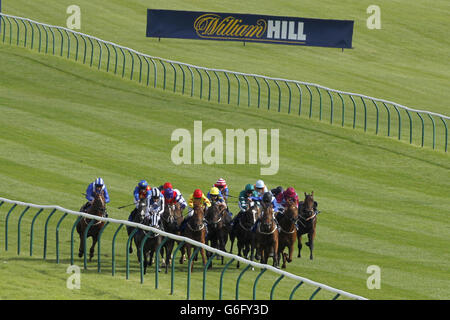 Jockeys and Horses compete in the Al Maktoum College Nursery during Day Two of the 2013 William Hill Ayr Gold Cup Festival at Ayr Racecourse. Stock Photo