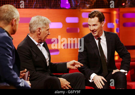 (left to right) Presenter Graham Norton, Harrison Ford and Benedict Cumberbatch during filming of the Graham Norton Show at The London Studios, south London, to be aired on BBC One on Friday evening. Stock Photo