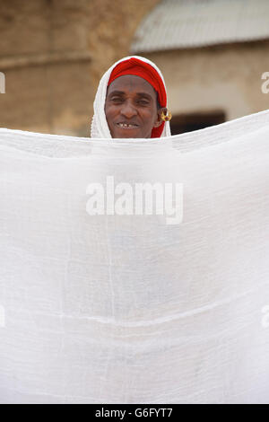 Portrait of fabrics vendor. Market day at Freweyni also known as Sinkata. Tigray, Ethiopia Stock Photo