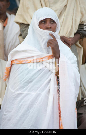 Ethiopian pilgrim. Palm Sunday Christian religious celebratiions, Axum, Tigray, Ethiopia Stock Photo