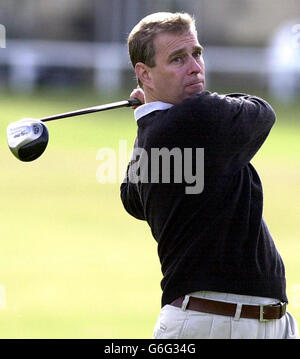 The Duke of York plays a shot at the Royal and Ancient Golf club in St Andrews, Fife, after assuming the position of captain of the club today. The Duke drove himself into golfing history today when he became the sixth member of the Royal Family to captain the sport's oldest club. He opened his captaincy with a spectacular drive off the first tee at the historic links, accompanied by the firing of a cannon. 22/03/2004: The Duke of York is to visit the United States Master's golf tournament next month, it was reported Sunday March 21 2004. He will in Augusta, Georgia, on April 5 for the Stock Photo