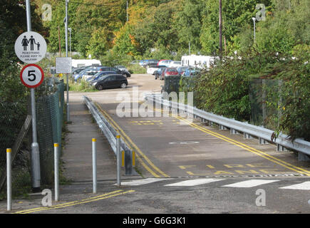 The entrance to the Royal Gwent Hospital car park, Newport, south Wales, where French travellers have set up an encampment. Stock Photo