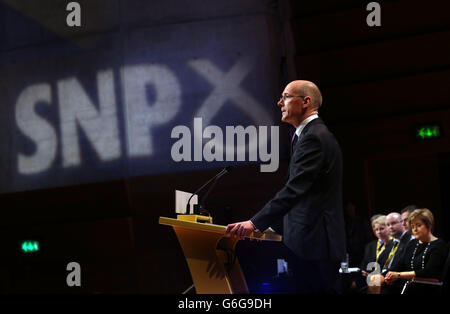 Scottish Finance Secretary John Swinney makes his keynote address to the Scottish National Party (SNP)annual conference at Perth Concert Hall in Scotland. Stock Photo