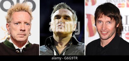 File photos of (from the left) John Lydon, Morrissey and James Blunt. Stock Photo