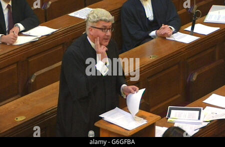 A still taken from the video feed of the first filming of a court case from the Court of Appeal in London showing Alexander Cameron QC, counsel for appellant in the case of Kevin Hugh Fisher who is applying for leave to appeal against sentence of seven years for counterfeiting offences. Stock Photo