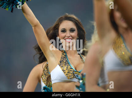 Jacksonville Jaguars cheerleaders perform prior to the NFL International match at Wembley Stadium, London. Stock Photo