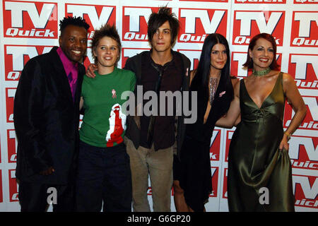 Fame Academy judges and vocal coaches David Grant (far left) and Carrie Grant( far right) with students (left-right) Alex, Peter and Carolyn arrive for the TV Quick awards at the Dorchester Hotel, in London. Stock Photo