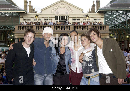 The six remaining students from the BBC Fame Academy (left-right) Alistair Griffin, James Fox, Carolynne Good, Paris Campbell Edwards, Alex Parks and Peter Brame in the Covent Garden Piazza, London where they will perform as part of Totally Covent Garden Week. * The week long programme of music, dance, theatre, art, fashion and celebrity appearances is part of Visit London's Totally London Tour, funded by London Development agency. Stock Photo