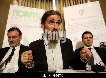 Independent TD Luke Ming Flanagan (centre) alongside Dr Cathal O Suiliobhain (left) and Dr Garrett McGovern, a GP specializing in addiction, at a press conference in Buswells Hotel, Molesworth Street, Dublin, where he claimed decriminalising cannabis could save Ireland 300 million euro (£256 million) a year. Stock Photo