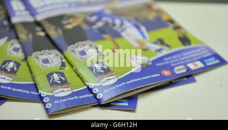 Programs for the 4th round qualifying replay during the FA Cup, Fourth Round Qualifying replay at the Society Stadium, Barrow-in-Furness. Stock Photo