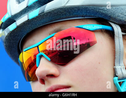 A truck reflected in cyclist Xan Crees sunglass at the Changing Places Cycling Event at Pride Park in Derby. Stock Photo