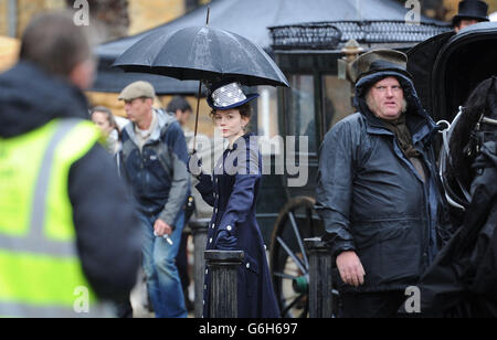 Hollywood starlet Carey Mulligan during the filming of an adaptation of the novel Far from the Madding Crowd in Sherborne, Dorset. Stock Photo