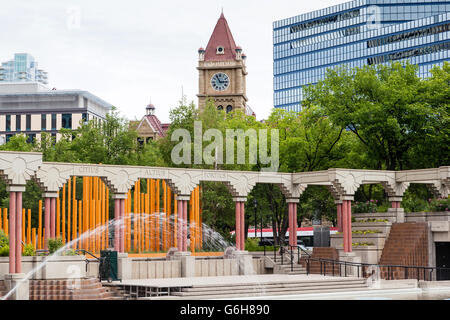 The Olympic Plaza in downtown Calgary is a public park created in 1988 for the Winter Olympic Games medal ceremonies. Stock Photo