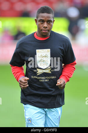 Coventry City's Franck Moussa models the FA 150 year anniversary top during the Sky Bet League One match at the Banks' Stadium, Walsall. PRESS ASSOCIATION Photo. Picture date: Saturday October 26, 2013. See PA story SOCCER Walsall. Photo credit should read: Dave Howarth/PA Wire.