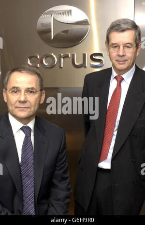 Phillipe Varin (right), the Chief Executive of the steel giant Corus, with Chairman Jim Leng, at the company's offices in central London. Troubled steel giant Corus is expected to outline how it intends to raise the 250 million needed for restructuring its UK business. The group, which has axed 10,000 jobs since forming from the merger of British Steel and Dutch firm Hoogovens in 1999, is likely to include a disposal plan as part of the fund-raising exercise. Analysts expect the steel group's non-core US activities to be put up for sale, although Corus's Teesside site, which employs around Stock Photo