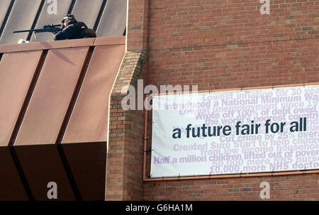 A high police presence for the start of this week's Labour Party Conference. Prime Minister Tony Blair launched a passionate defence of the war in Iraq - and said there would be no turning back from controversial policies on foundation hospitals and university tuition fees. Stock Photo