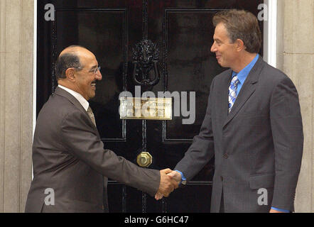 Prime Minister, Tony Blair, greets Kuwaiti Prime Minister Sheikh Sabah at Downing Street, to discuss the situation in Iraq. A spokesman for the Kuwaiti Embassy said Sheikh Sabah was in Britain on a 'courtesy call' after meeting President George Bush in the US. Stock Photo