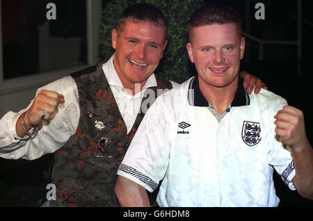 Soccer star Paul Gascoigne meets his wax double after it was unveiled at Madame Tussaud's Waxworks museum in London. Stock Photo