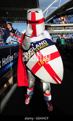 The England Rugby League team mascot before the 2013 World Cup match at the John Smith's Stadium, Huddersfield. Stock Photo