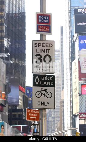 Traffic limitation signs in Times Square. Stock Photo