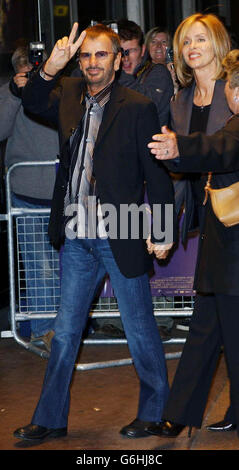 Ringo Starr and wife Barbara Bach arrive for the DVD screening of 'A Concert For George' at Odeon West End in central London. The DVD features a tribute concert held for former Beatle George Harrison which was held last November at the Royal Albert Hall, and features performances by Eric Clapton and Jools Holland. Stock Photo