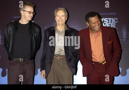 From left to right; actor Tim Robbins, director Clint Eastwood and actor Laurence Fishburne pose for photographers during a photocall for their new film 'Mystic River' at Claridges Hotel in central London. Stock Photo
