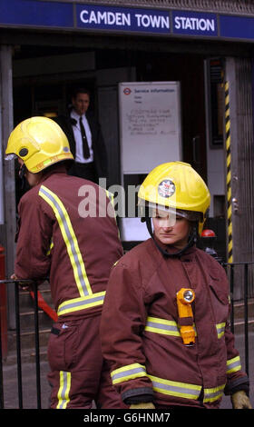 Emergency services outside Camden Town Underground Station in north London, following a derailment that left six passengers hospitalised. In the second Tube derailment in 48 hours, three carriages of a Northern Line train carrying about 200 passengers left the tracks 30 metres inside the tunnel at Camden Town station, London Fire Brigade said.The station was busy with shoppers and tourists on their way to Camden s shops and markets when the incident happened at about 10.10am. Stock Photo