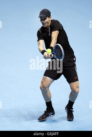 Tennis - Barclays ATP World Tour Finals - Day Five - O2 Arena. Tomas Berdych competes against Rafael Nadal during day five of the Barclays ATP World Tour Finals at the O2 Arena, London. Stock Photo