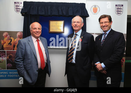 Football Association Chairman Greg Dyke with Vice Chairman Football Association, Roger Burden who also the Gloucestershire FA Chairman (centre) with Paul Thorogood, CEO of the Football Foundation during the opening of the new football centre at the Gloucestershire FA HQ at Oaklands Park in Almondsbury. Stock Photo