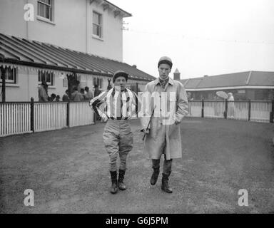 LESTER PIGGOTT (right), who will be Champion Jockey this season, for the first time, pictured with jockey DOUG SMITH, the old champion. Intent on winning the championship, Piggott cut down his overseas riding trips, one of the possible reasons for success following success, and over 160 winning rides. All through the current season Piggott, Breasley and Doug Smith have been close together with their number of winning rides but it become evident that Piggott has managed to forge a head into an unbeatable position. Stock Photo