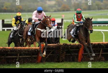 Eventual winner Royal Irish Hussar (left) ridden by jockey Barry Geraghty jumps with Azza ridden by Tom scudamore during the Triumph Hurdle Trial during day two of The Open Festival at Cheltenham Racecourse. Stock Photo