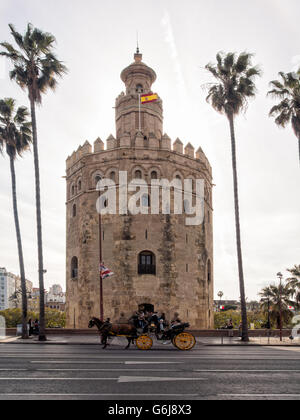 SEVILLE, SPAIN - MARCH 14, 2016:  Horse Drawn Carriage in front of Torre del Oro Tower Stock Photo