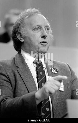 Miner's leader Arthur Scargill making a point when he addressed the Labour Conference in Brighton today during the defence debate. Speaking against a change in the stance on nuclear weapons, he said : 'The policy of our party is clear. We went to abolish all nuclear weapons, all US bases, all weapons of war and when we got rid of nuclear weapons, we do not want the money translated into conventional arms...' Stock Photo