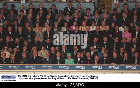 Soccer-Euro 96 Final. Czech Rep v Germany at Wembley. The Queen watches the game from the Royal Box Stock Photo