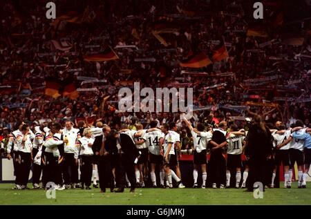 Soccer-Euro 96 Final- Czech Republic v Germany at Wembley. The Germany team celebrate winning Euro 96 in front of their fans Stock Photo