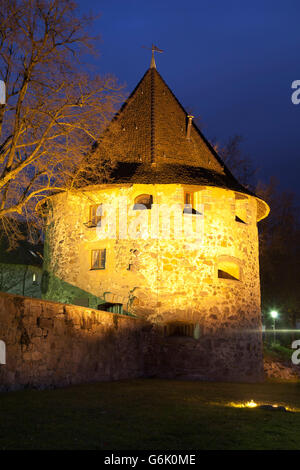 Gallus Tower on the bank of the Rhine River at night, Bad Saeckingen, Waldshut district, Upper Rhine, Black Forest Stock Photo