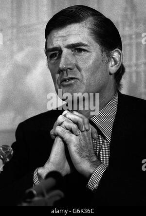 The Chairman of the Conservative Party, Cecil Parkinson, MP, the Paymaster General, in a serious mood when he held a press conferenceon the Cosby by-election result at Conservative Central Office, Smith Square, Westminster. Stock Photo