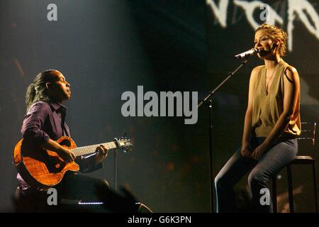 Singer Dido performs live on stage during the MTV Europe Music Awards 2003 at Western Harbour in Leith, Edinburgh. Stock Photo