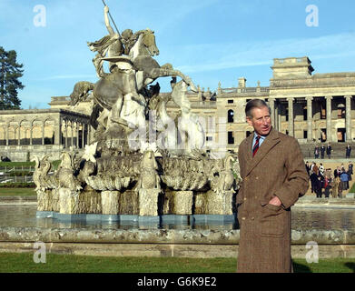 The Prince of Wales stands in front of the Perseus and Andromeda fountain at Witley Court in Great Witley, Worcestershire. The Prince of Wales was due to officially 'fire up' the restored 19th century Perseus and Andromeda fountain today and meet runners and riders at a refurbished racecourse, during a tour of the West Midlands and Shropshire. Stock Photo