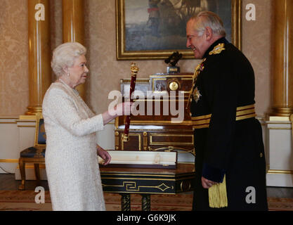 Field Marshal Lord Guthrie of Craigiebank during an audience with Queen Elizabeth II, where Her Majesty handed him his Field Marshal's Baton, at Buckingham Palace, central London. Stock Photo