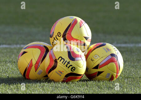 Soccer - Sky Bet Championship - Barnsley v Birmingham City - Oakwell. Detail of Birmingham City winter Mitre match balls on the pitch before the game Stock Photo