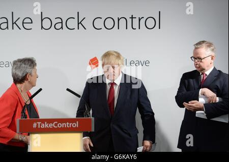 (left to right) Gisela Stuart, Boris Johnson and Michael Gove hold a press conference at Brexit HQ in Westminster, London, after David Cameron has announced he will quit as Prime Minister by October following a humiliating defeat in the referendum which ended with a vote for Britain to leave the European Union. Stock Photo